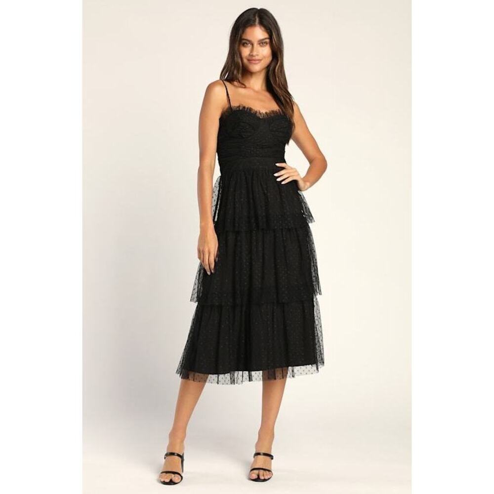 Lulus Sweetheart Style Black Polka Dot Bustier Midi Dress - Size M